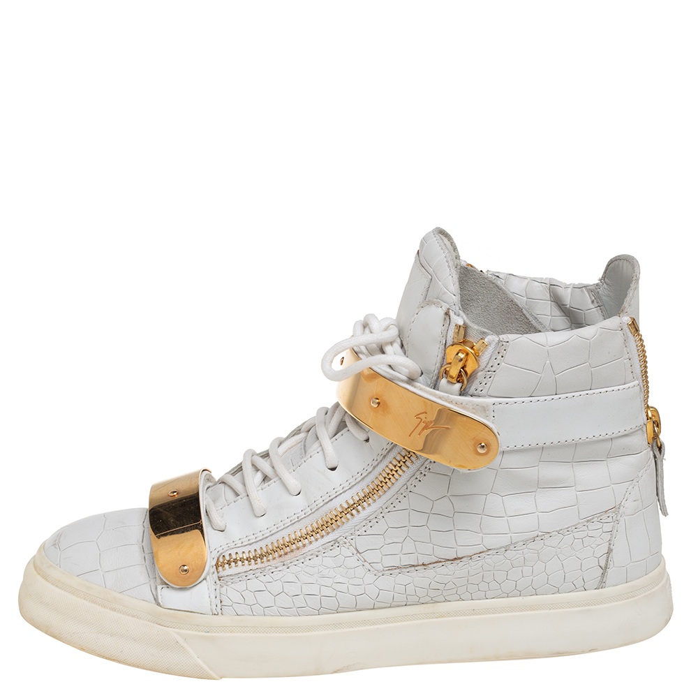 

Giuseppe Zanotti White Croc Embossed Leather London High Top Sneakers Size