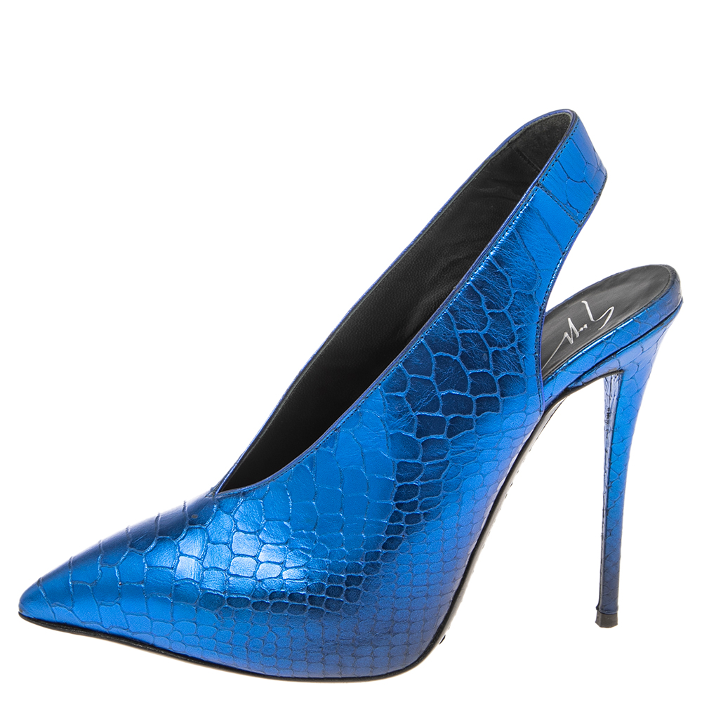 

Giuseppe Zanotti Metallic Blue Python Embossed Leather Slingback Pointed Toe Sandals Size