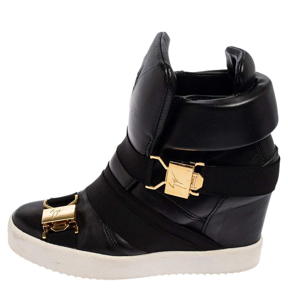 

Giuseppe Zanotti Black Leather Double Buckle Wedge Sneakers Size