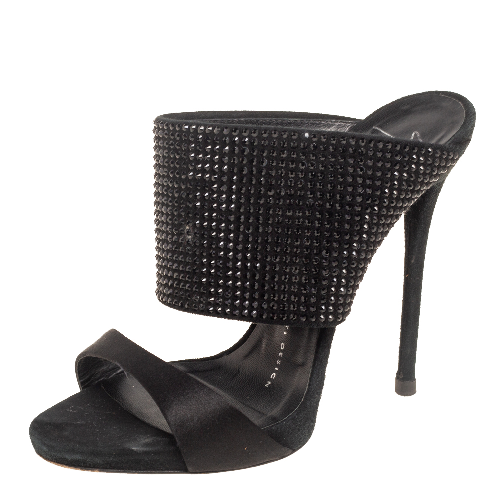 

Giuseppe Zanotti Black Satin And Crystal Embellished Suede Open Toe Sandals Size