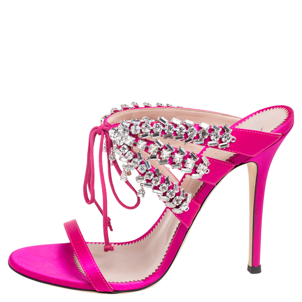 

Giuseppe Zanotti Pink Satin Crystal Embellished Slide Sandals Size