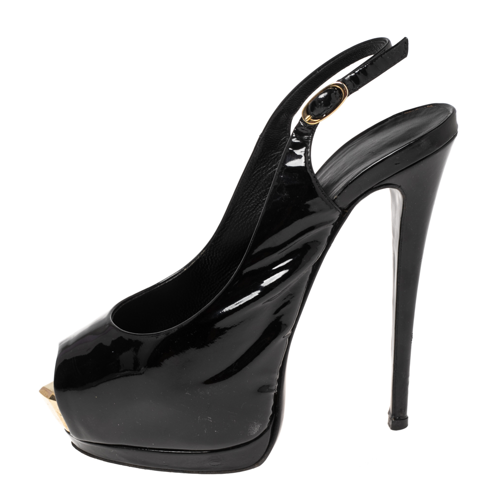

Giuseppe Zanotti Black Patent Platform Peep Toe Slingback Sandals Size