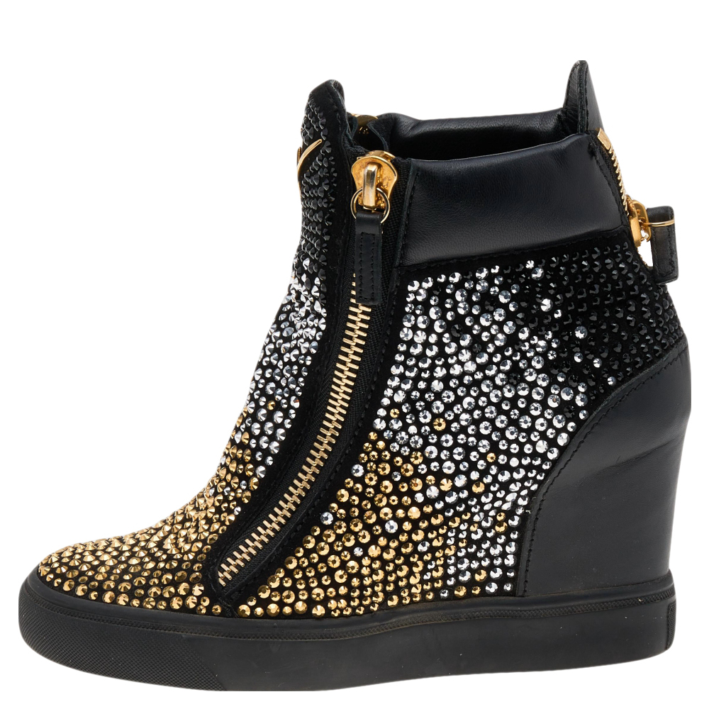 

Giuseppe Zanotti Black Suede And Leather Crystal Embellished Suede Wedge Sneakers Size