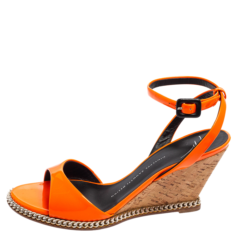 

Giuseppe Zanotti Orange Patent Leather Ankle-Strap Chain Wedge Sandals Size