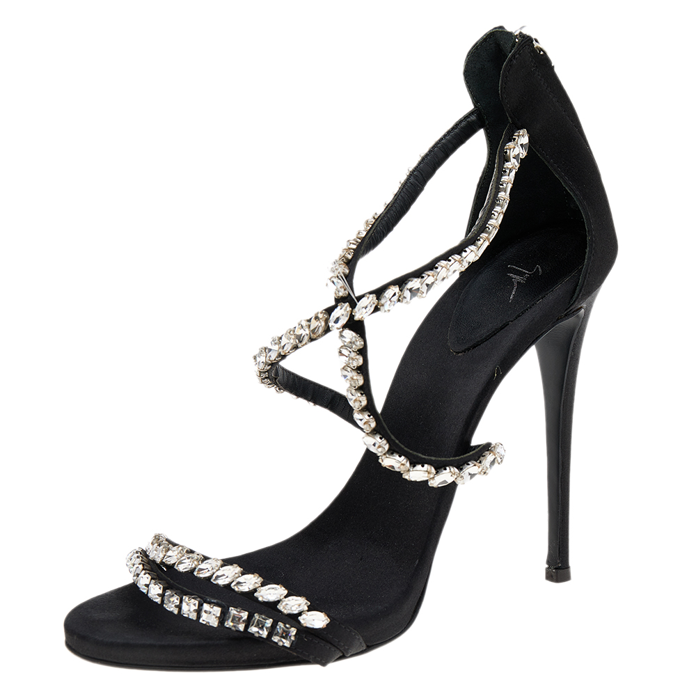 

Giuseppe Zanotti Black Satin Crystal Embellished Strappy Zipper Sandals Size