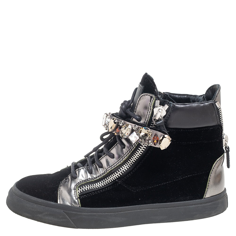 

Giuseppe Zanotti Black Leather and Velvet Crystal Strap High Top Sneakers Size
