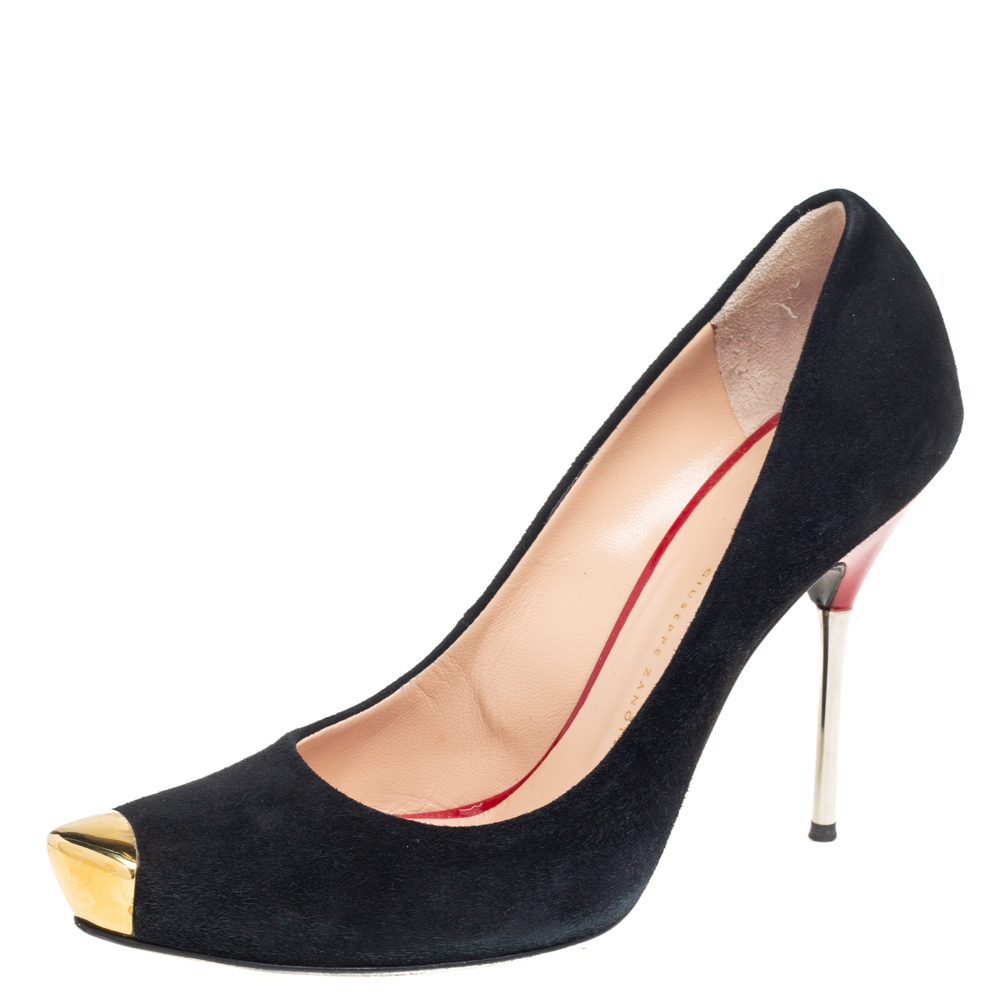 There are some shoes that stand the test of time and fashion cycles these timeless Giuseppe Zanotti pumps are the one. Crafted from suede in a black shade they are designed with sleek cuts pointed toes and tall heels.