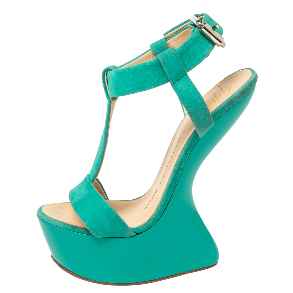 

Giuseppe Zanotti Turquoise Blue Suede Platform Heel Less Wedge Sandals Size