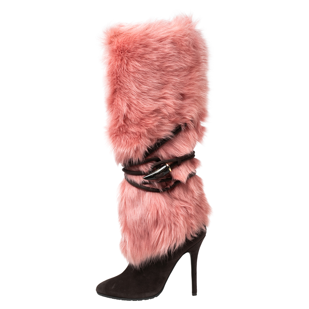 

Giuseppe Zanotti Brown/Pink Suede and Fur Lined Knee Boots Size