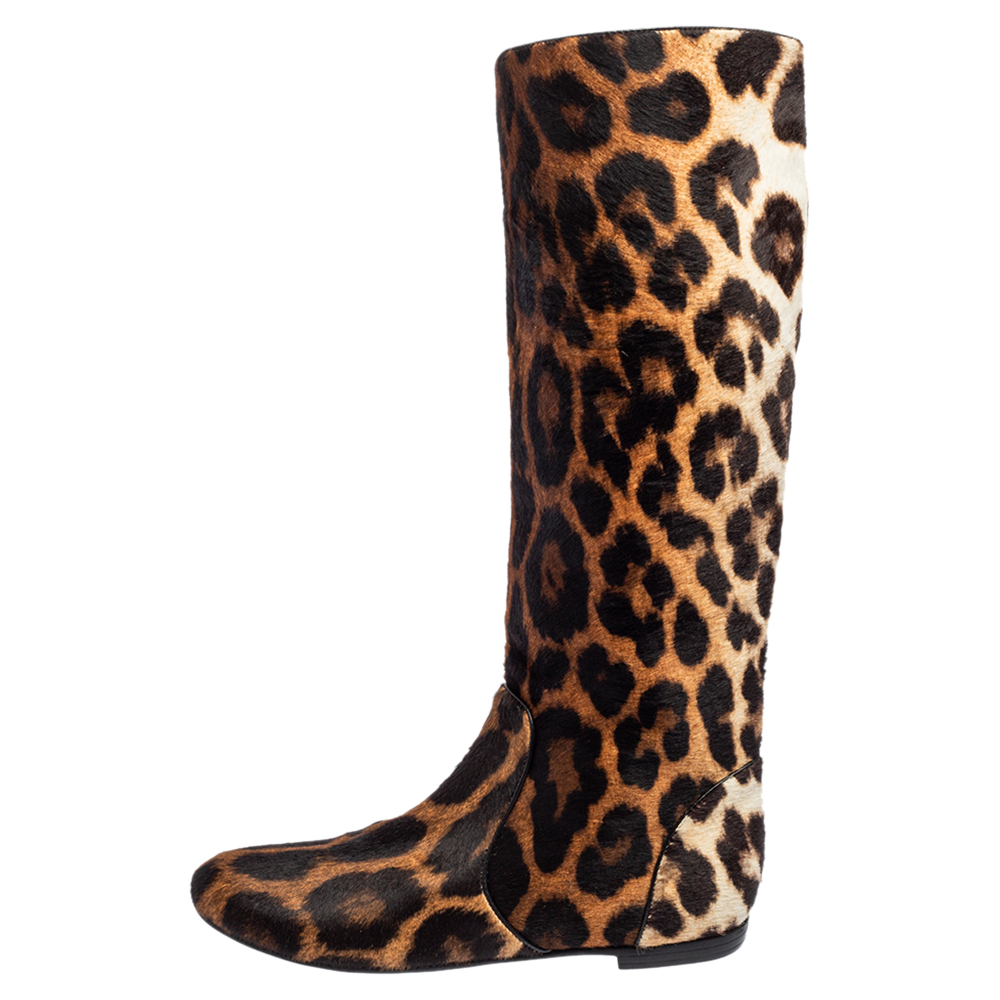 

Giuseppe Zanotti Brown/Beige Leopard Print Calf Hair Mid-Calf Boots Size