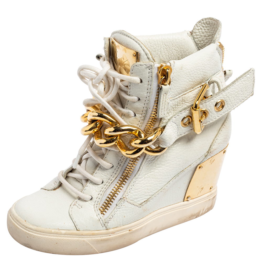 

Giuseppe Zanotti White Leather Chain Detail High-Top Sneakers Size