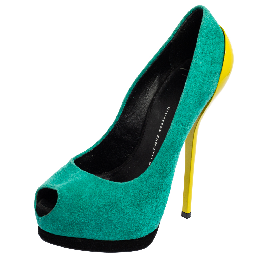 Pre-owned Giuseppe Zanotti Green/yellow Suede And Patent Leather Peep Toe Platform Pumps Size 37