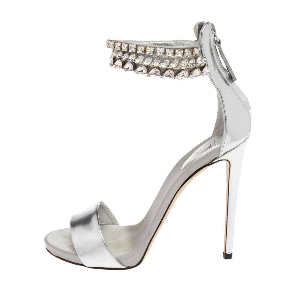 

Giuseppe Zanotti Silver Leather Crystal Embellished Ankle Cuff Sandals Size