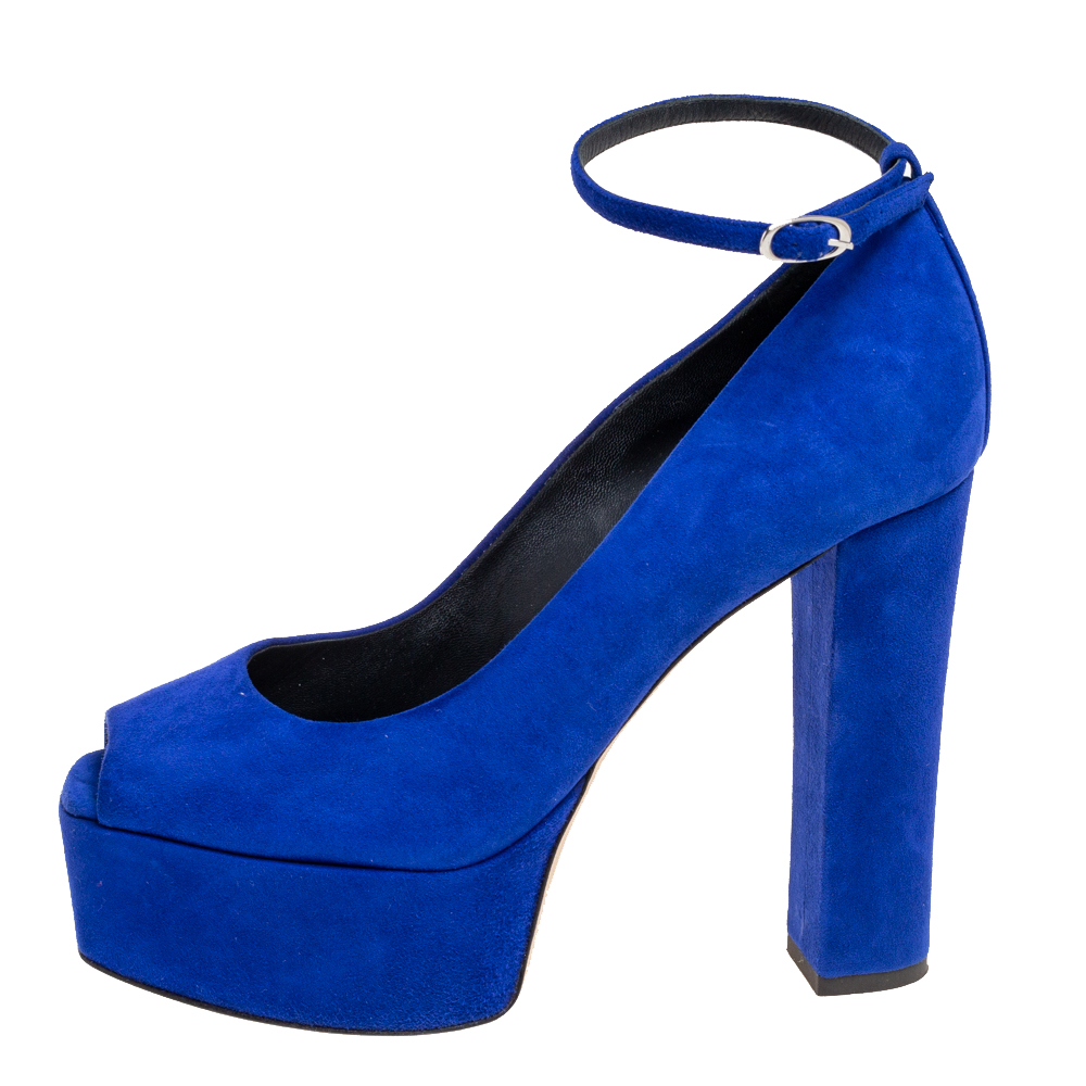 

Giuseppe Zanotti Blue Suede Peep Toe Ankle Strap Pumps Size