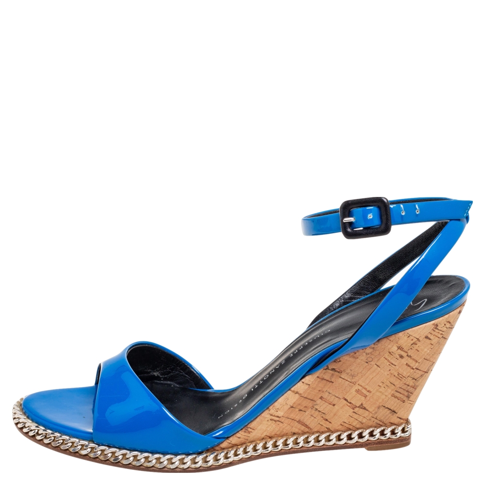 

Giuseppe Zanotti Blue Patent Leather Ankle-Strap Chain Wedge Sandals Size