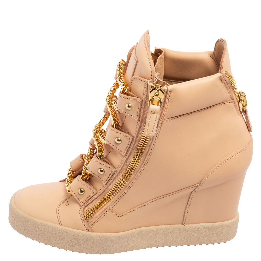 

Giuseppe Zanotti Peach Pink Leather Chain Detail High-Top Wedge Sneakers Size