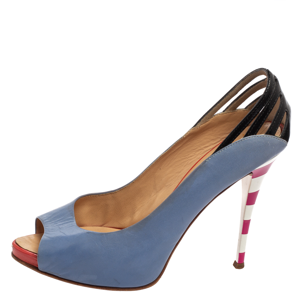 

Giuseppe Zanotti Blue/Black Leather Peep-Toe Pumps Size
