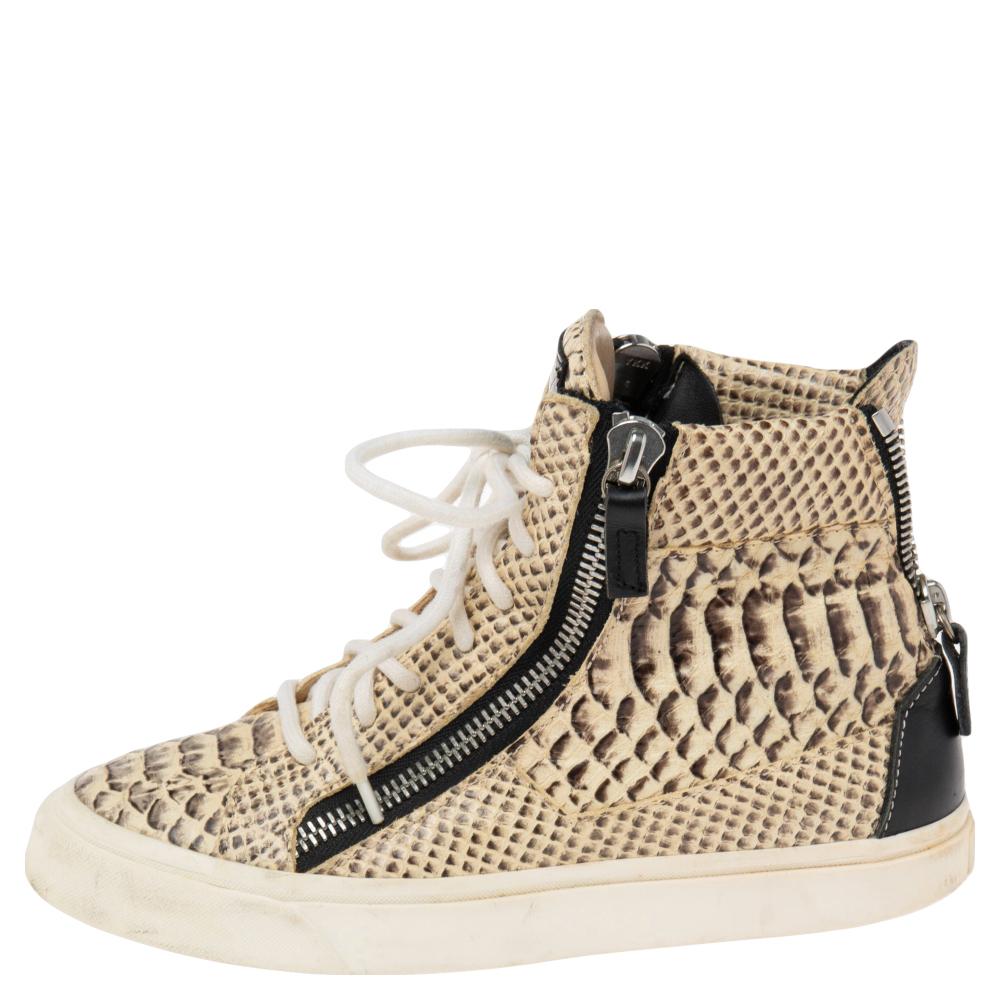 

Giuseppe Zanotti Beige/Black Python Embossed Leather High Top Sneakers Size