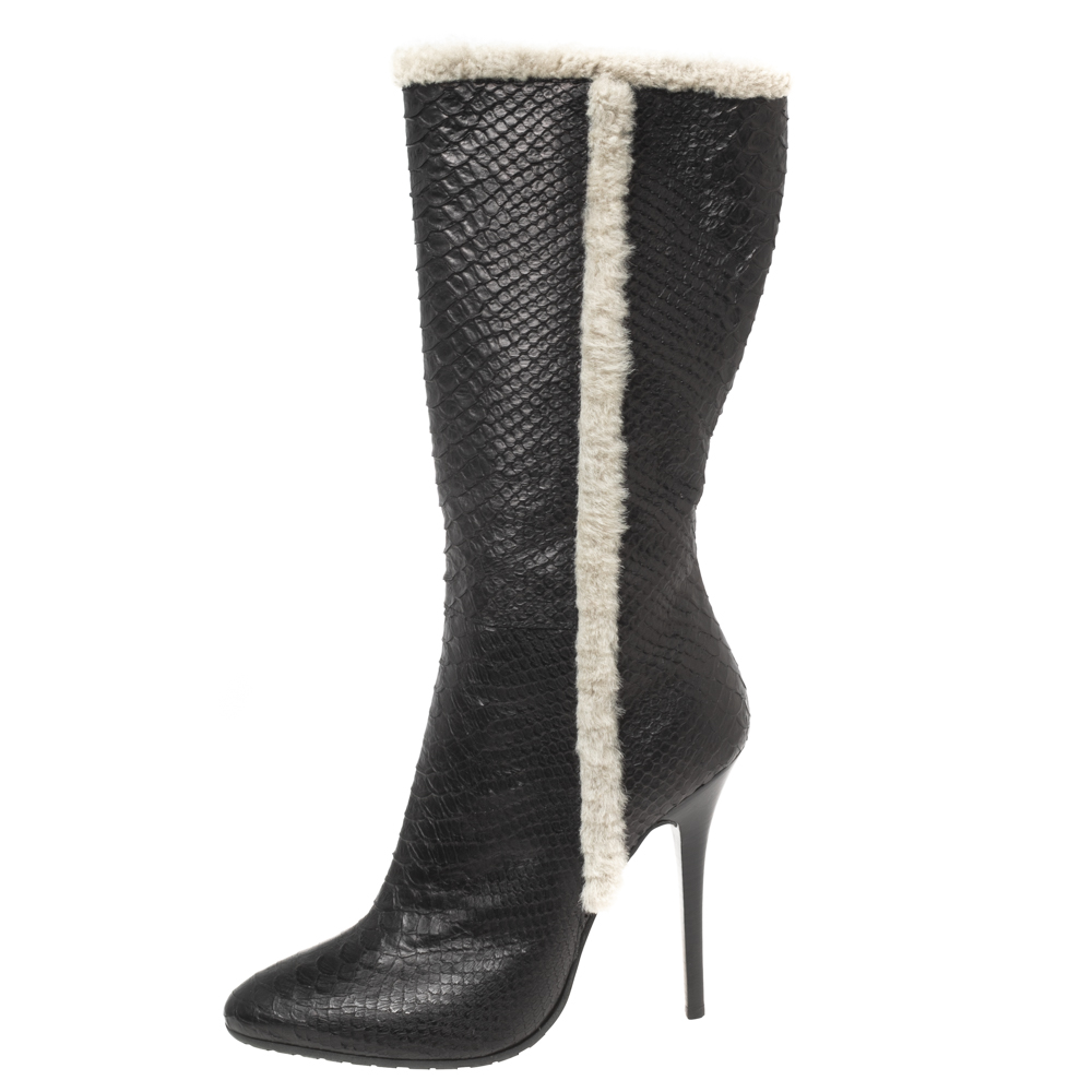 

Giuseppe Zanotti Black Python Leather and Fur Mid-Calf Boots Size