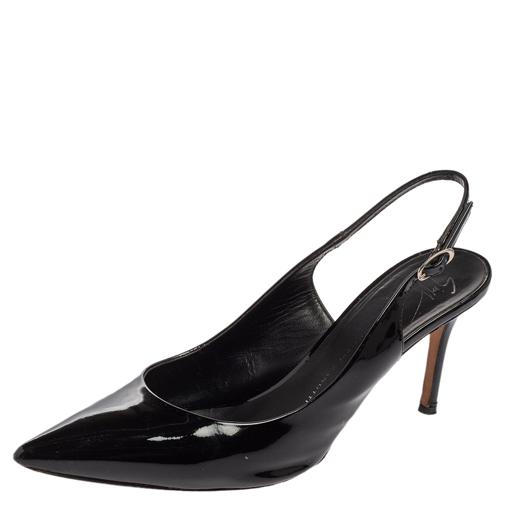 Treat your feet to this gorgeous pair of pumps from Giuseppe Zanotti. Crafted from patent leather this pair features pointed toes slim heels and slingback closure. The insoles are lined with leather.