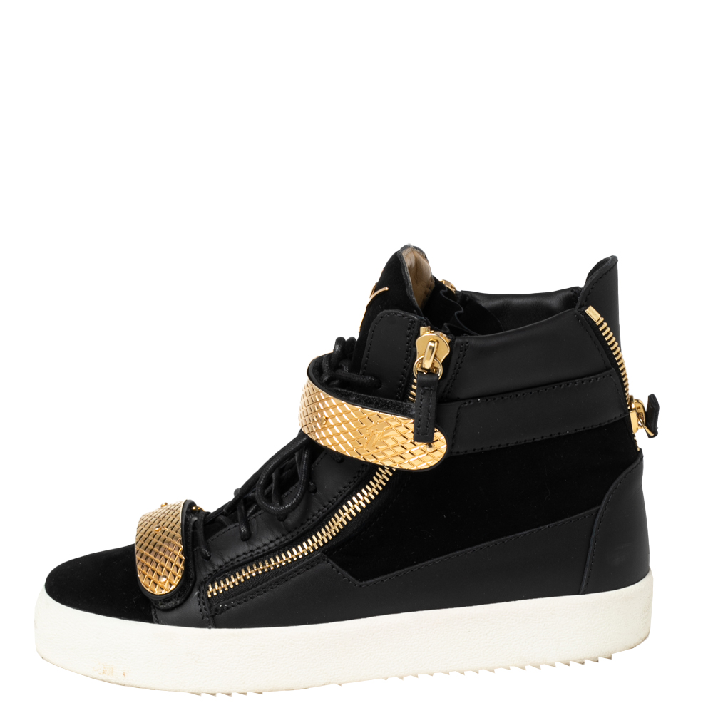 

Giuseppe Zanotti Black Suede and Leather Double Bar High-Top Sneakers Size