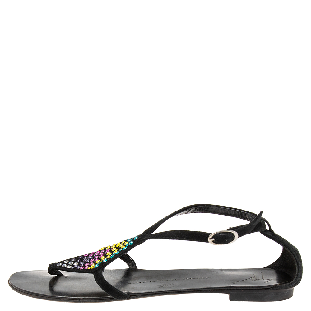 

Giuseppe Zanotti Black Crystal Embellished Suede Thong Flat Ankle-Strap Sandals Size