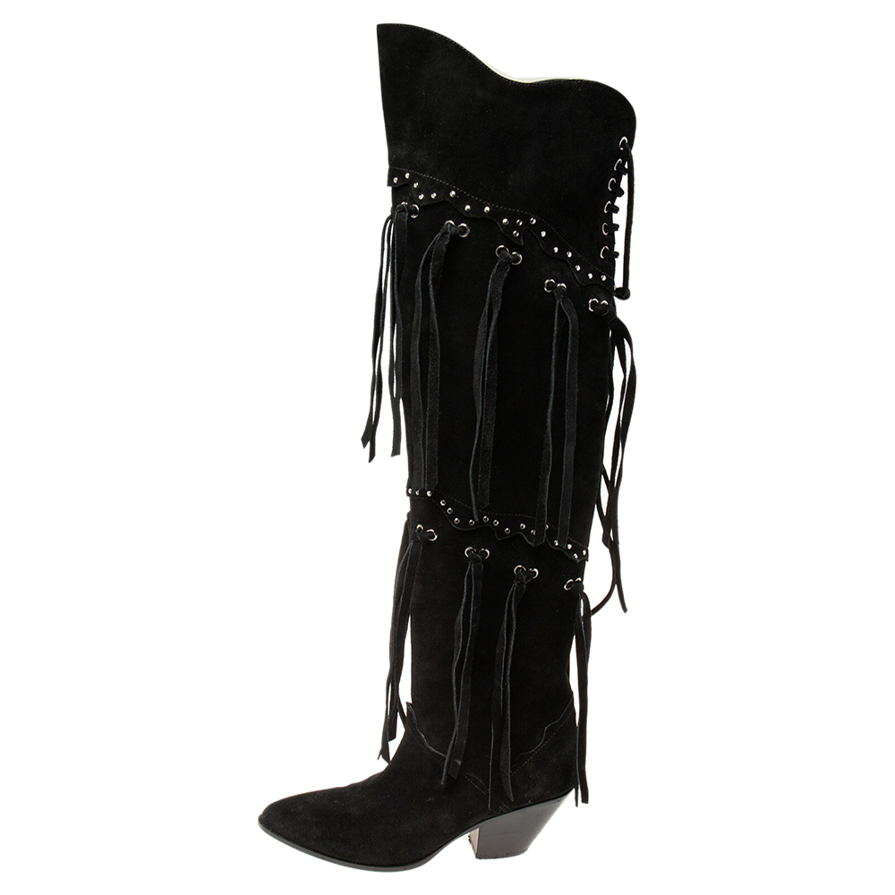 

Giuseppe Zanotti Black Suede Lace Up Cowboy Over The Knee Boots Size