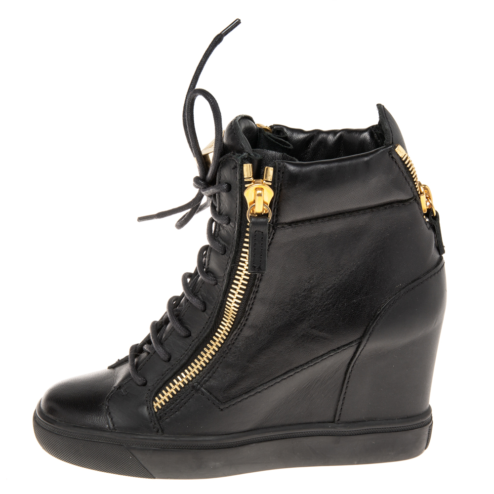 

Giuseppe Zanotti Black Leather Double Zip Wedge Sneakers Size