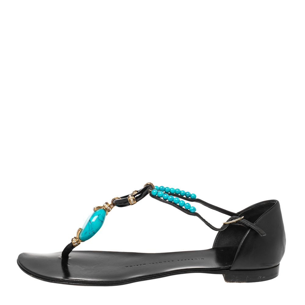 

Giuseppe Zanotti Black/Turquoise Leather Beaded Ankle-Strap Flat Thong Sandals Size