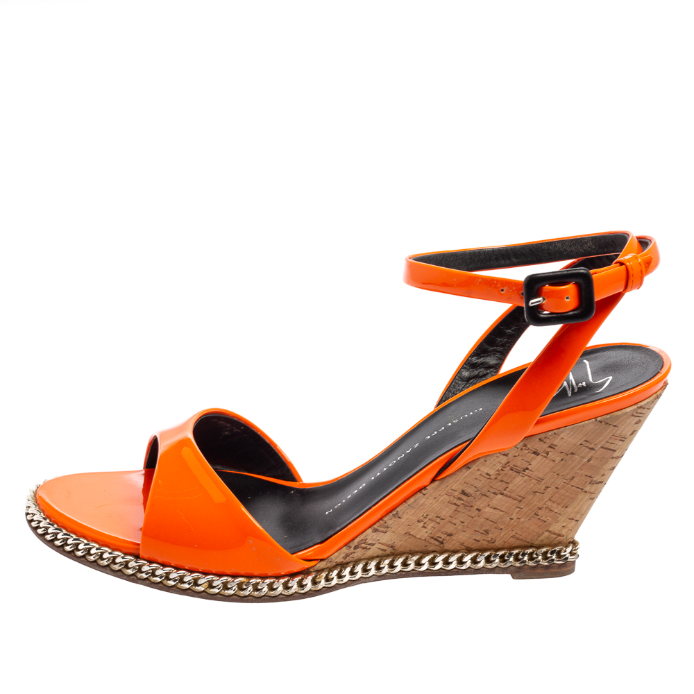 

Giuseppe Zanotti Neon Orange Patent Leather Cork Chain Wedge Sandals Size