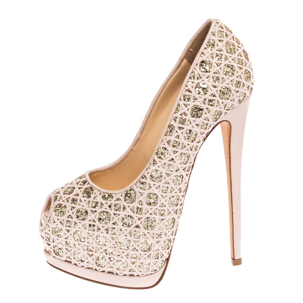 

Giuseppe Zanotti Pink/Gold Lace and Glitter Sharon Platform Pumps Size
