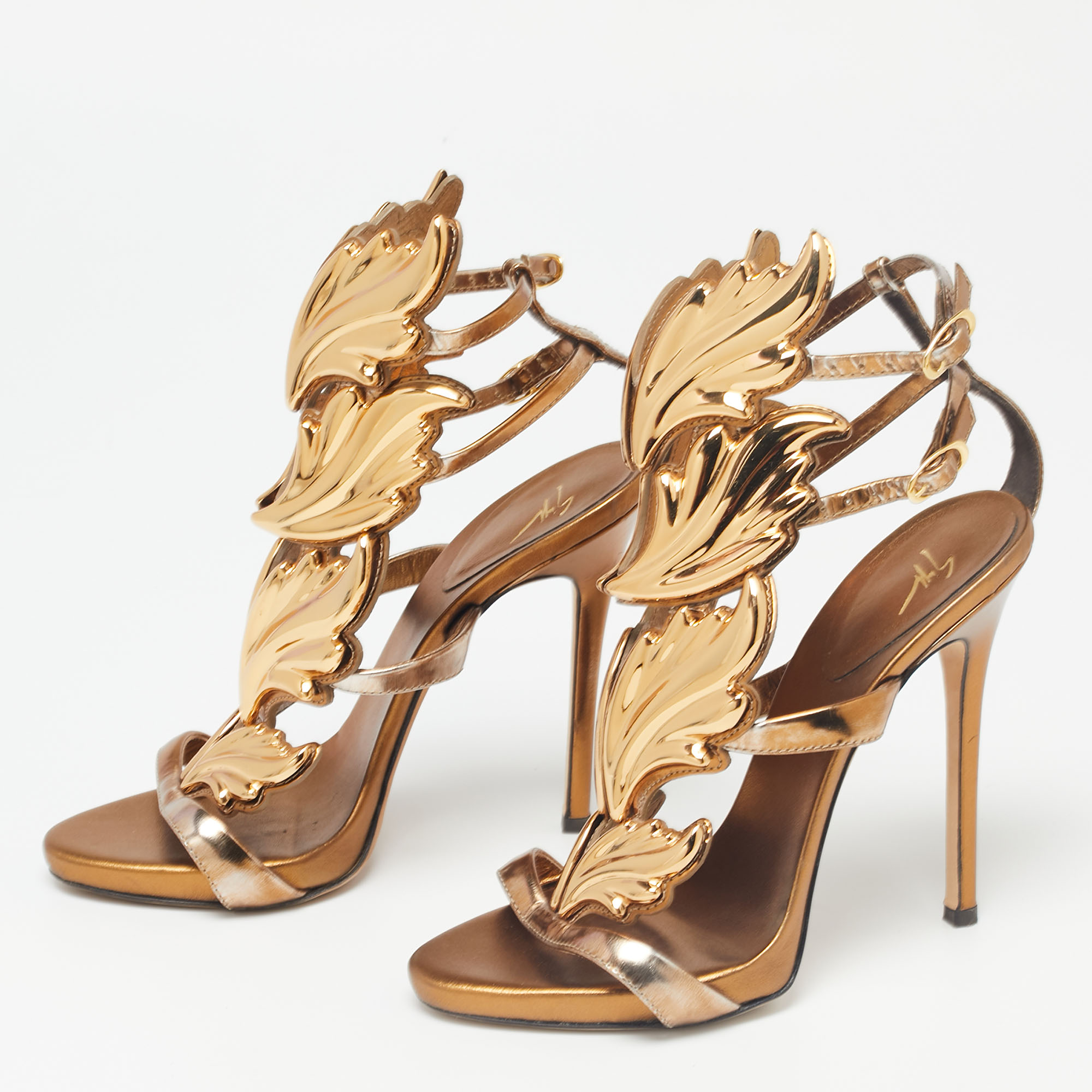 

Giuseppe Zanotti Bronze Leather Argent Metal Wing Ankle-Strap Sandals Size, Gold