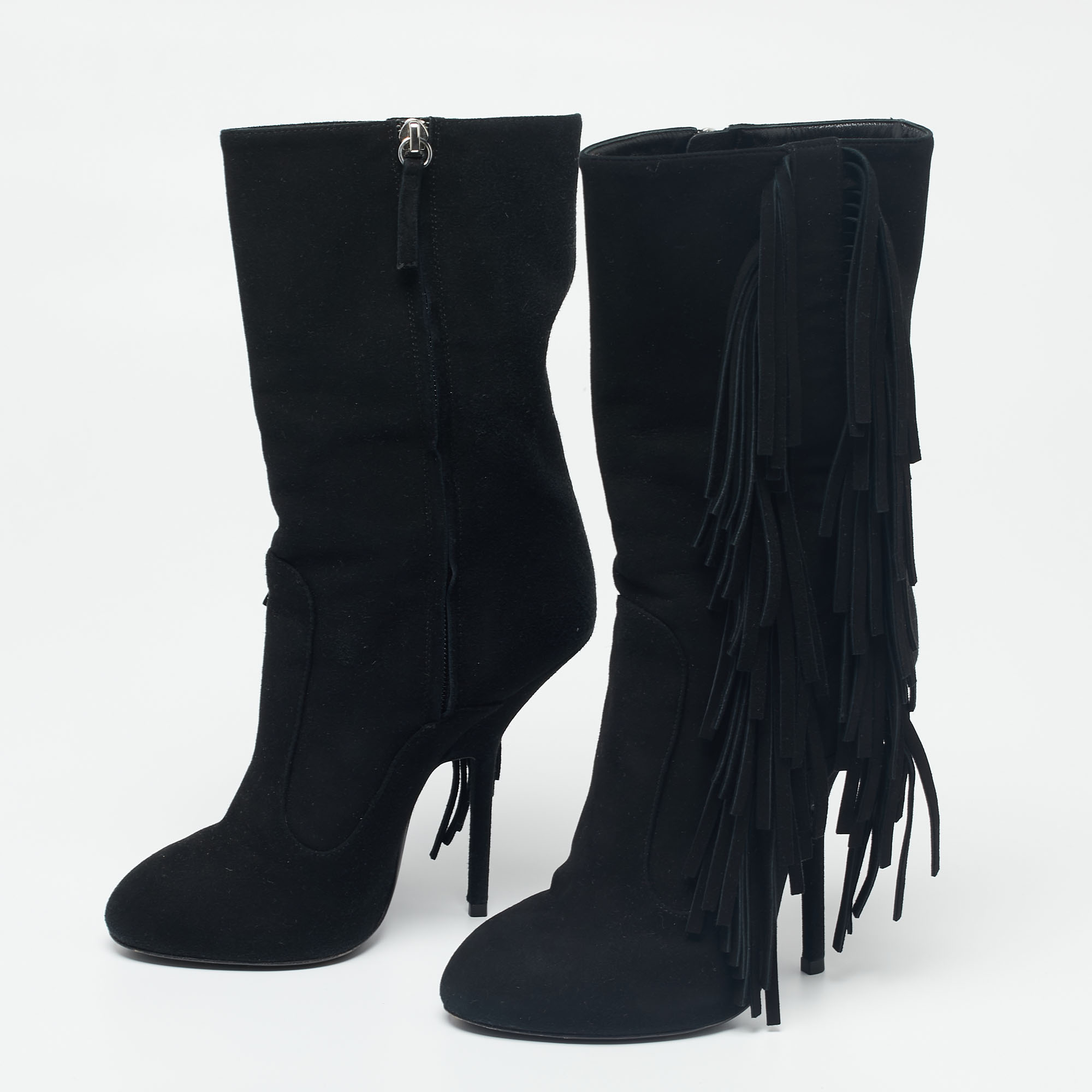 

Giuseppe Zanotti Black Suede Fringe Detail Mid-Calf Boots Size