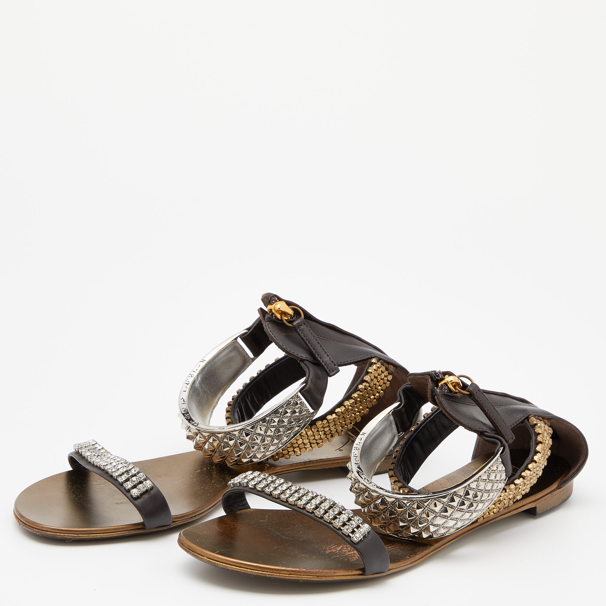 

Giuseppe Zanotti Brown Leather Embellished Flat Ankle Cuff Sandals Size