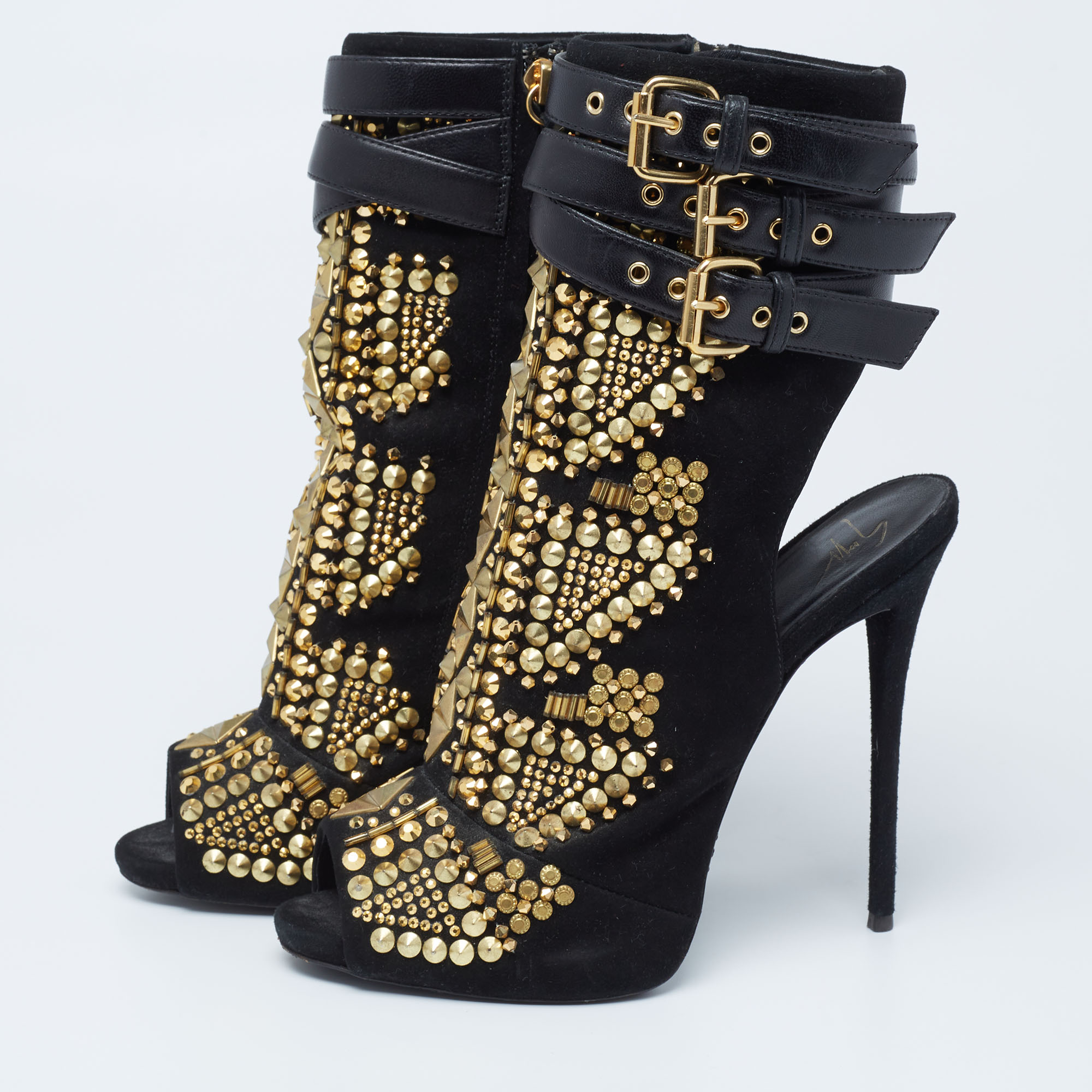 

Giuseppe Zanotti Black Suede And Leather Studded Cutout Peep Toe Ankle Boots Size