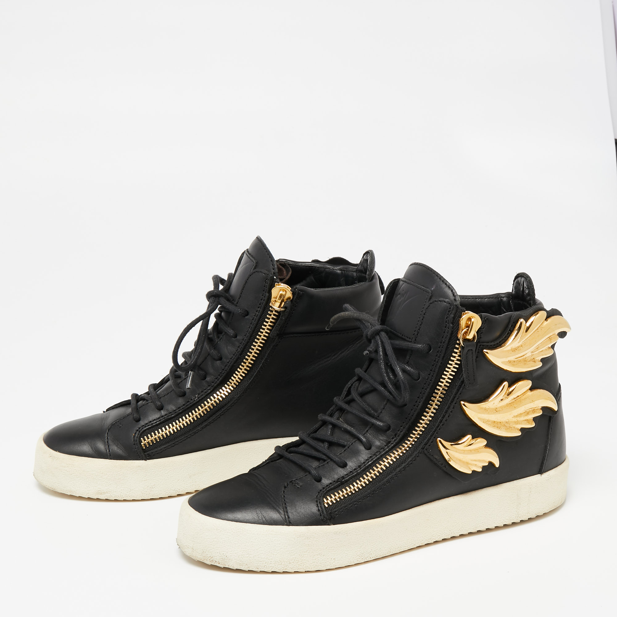 

Giuseppe Zanotti Black Leather Wings High Top Sneakers Size