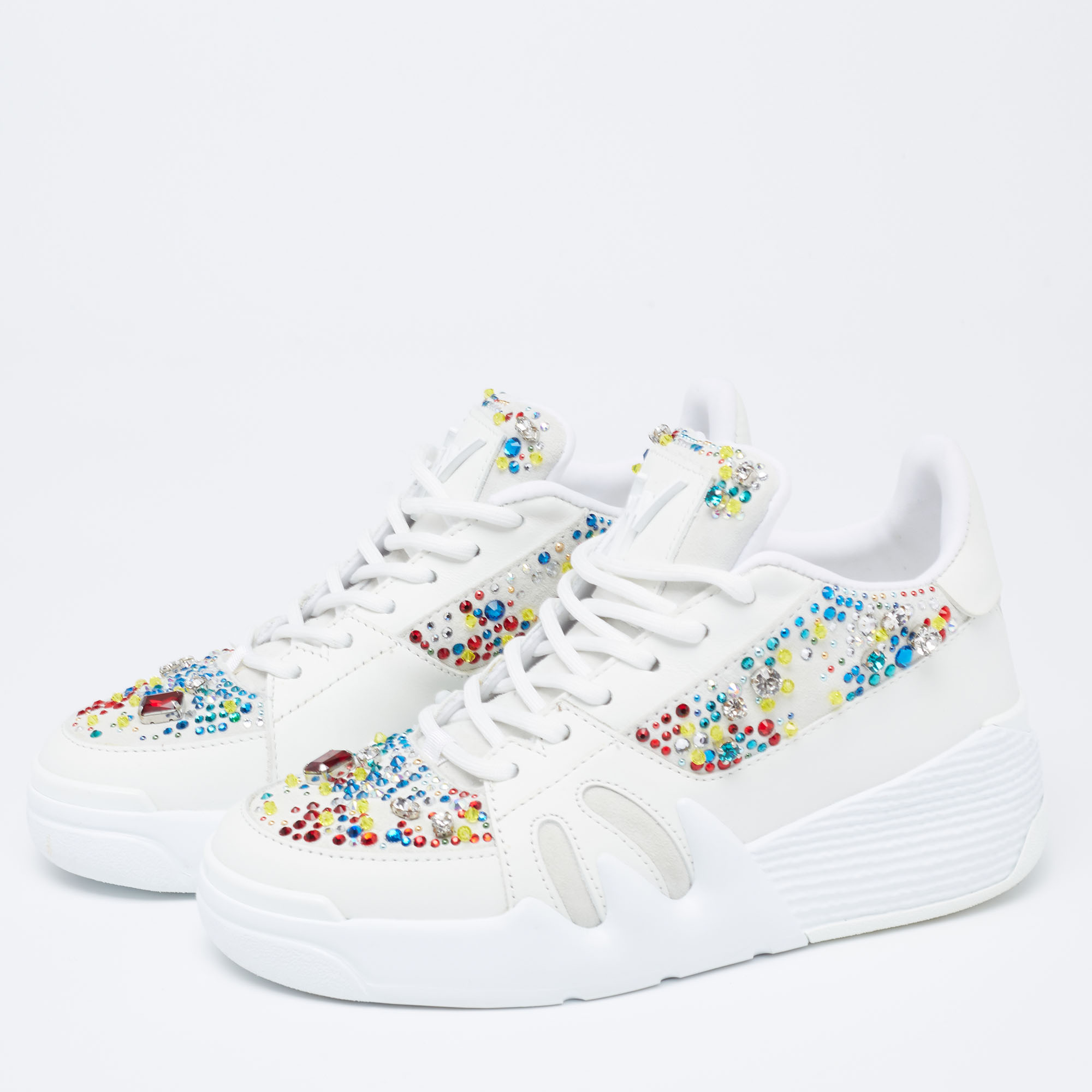 

Giuseppe Zanotti White Suede And Leather Crystal Embellished Low Top Sneakers Size