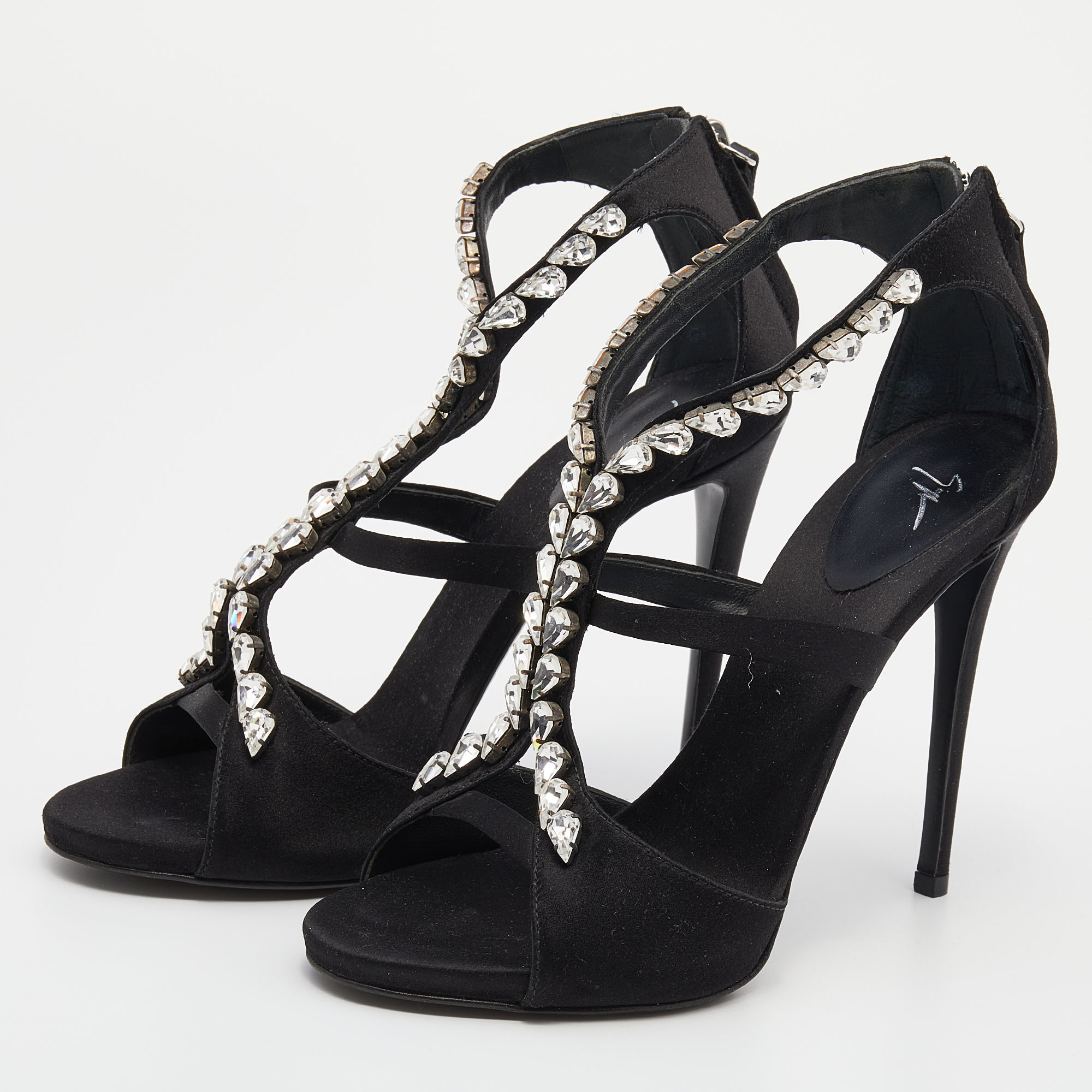 

Giuseppe Zanotti Black Satin Crystal Embellished Strappy Sandals Size