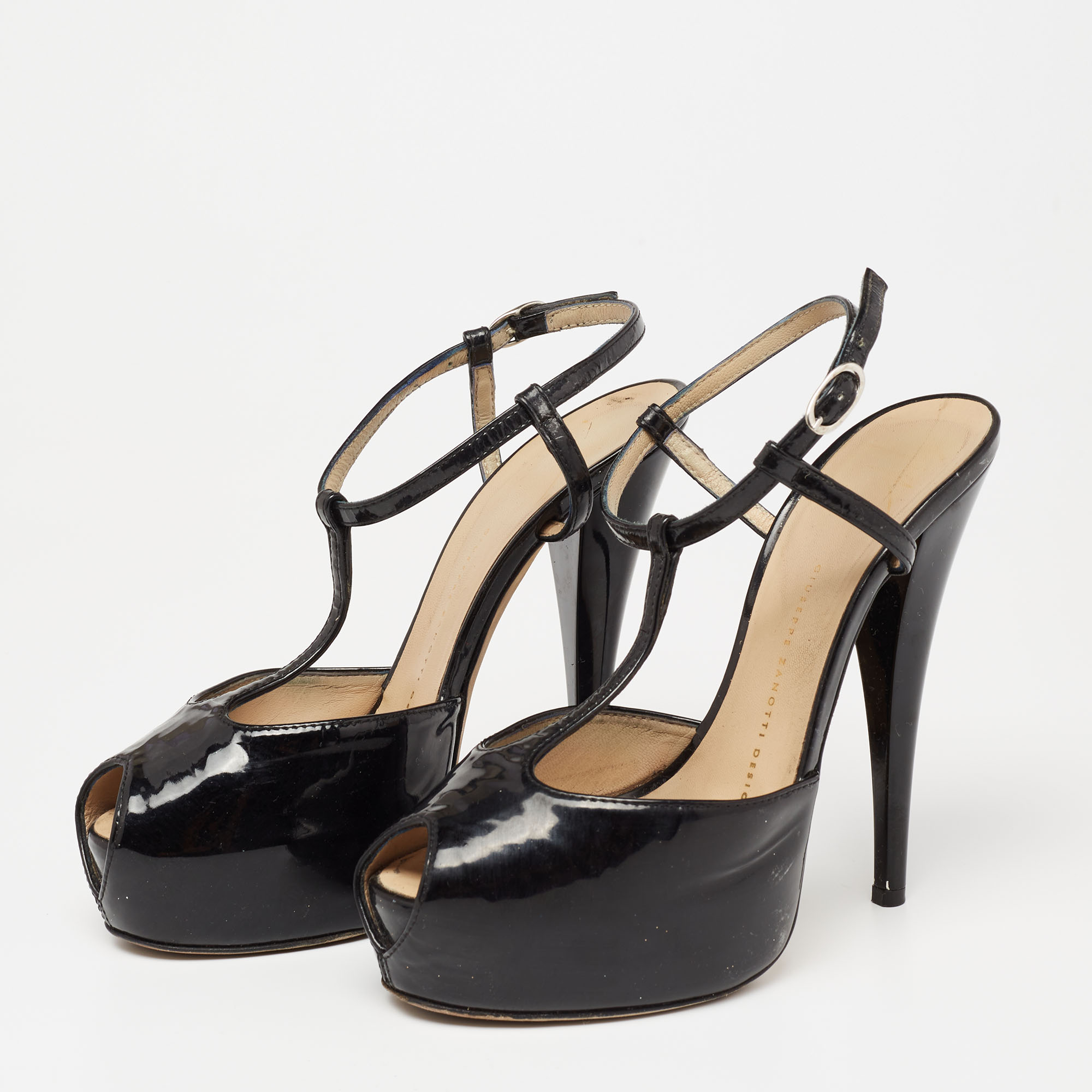 

Giuseppe Zanotti Black Patent Leather Platform Peep Toe Sandals Size