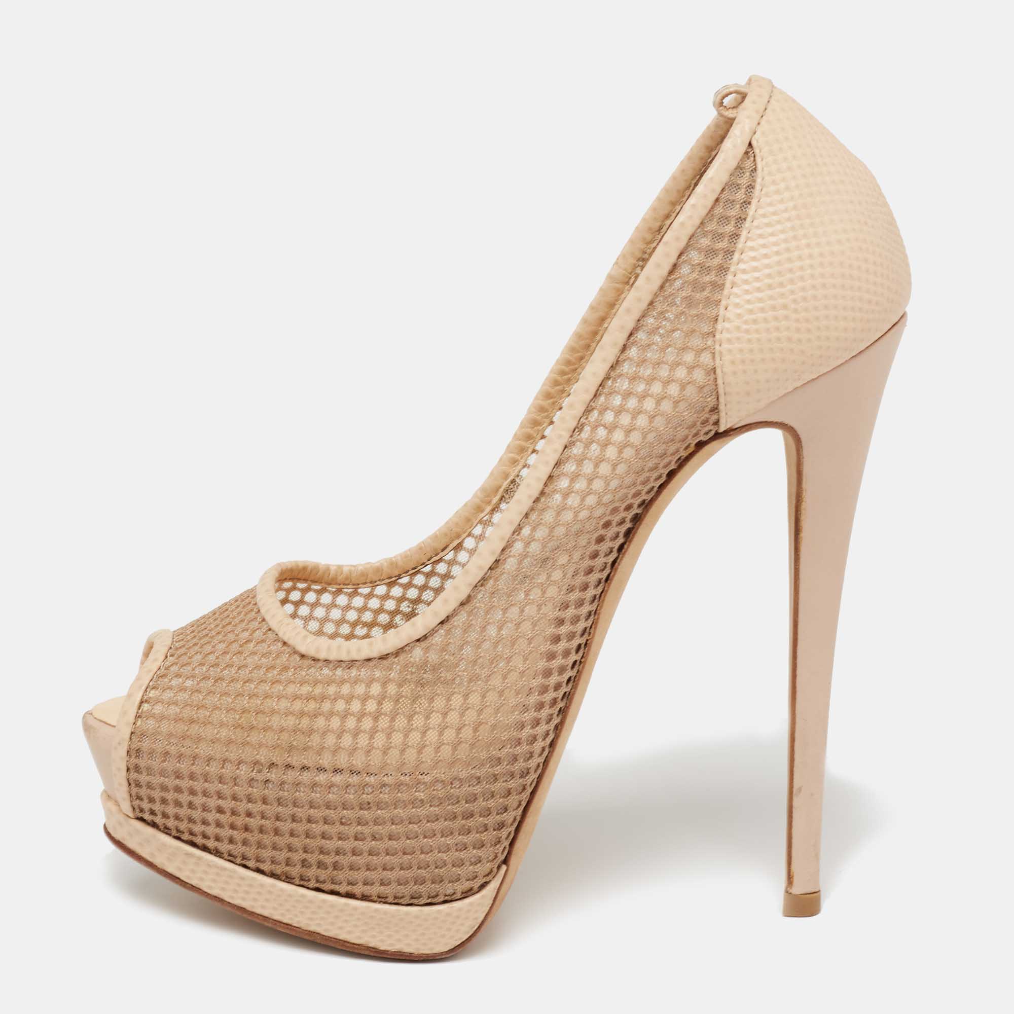 Pre-owned Giuseppe Zanotti Beige Mesh And Lizard Embossed Leather Peep-toe Pumps Size 37.5