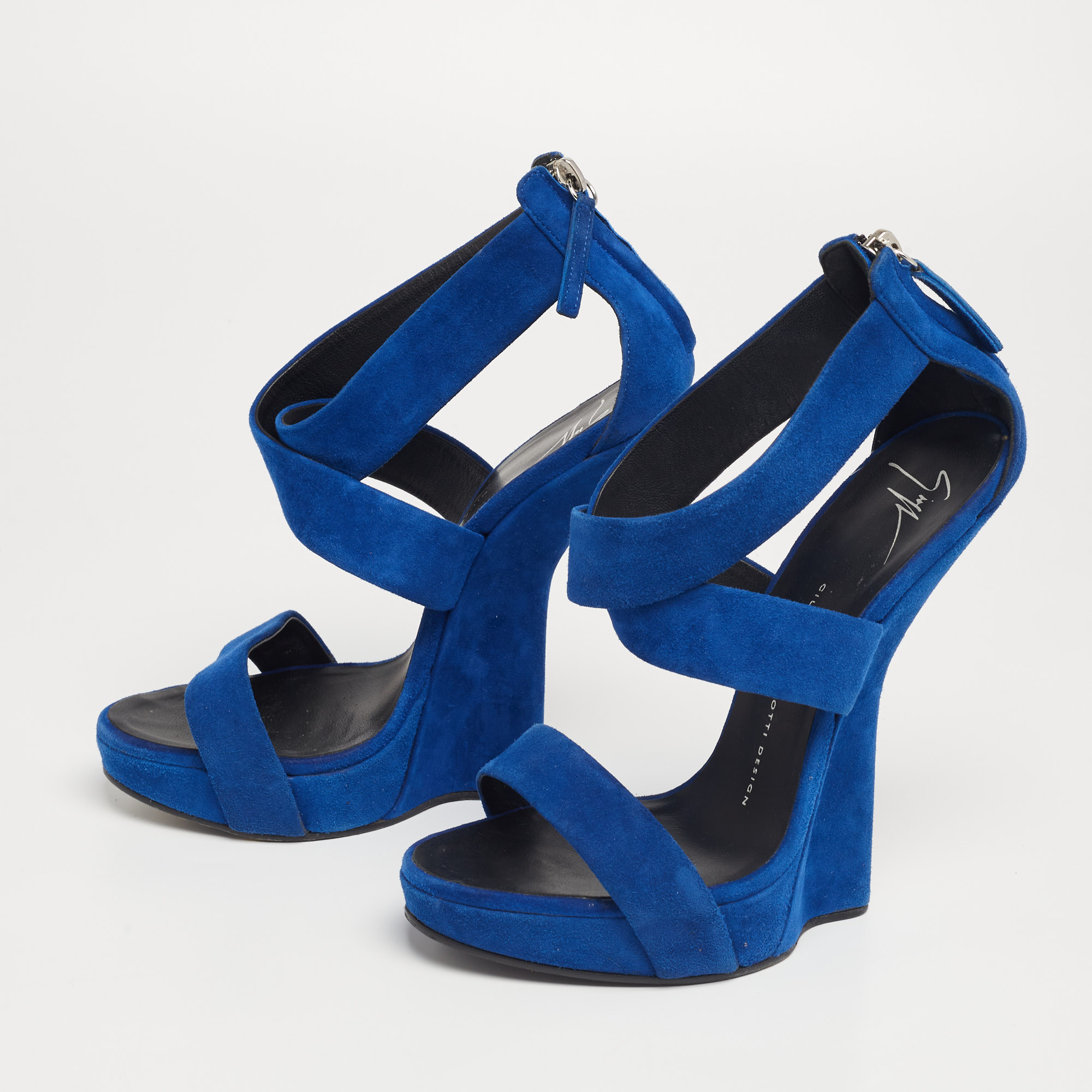 

Giuseppe Zanotti Blue Suede Sculpted Wedge Sandals Size