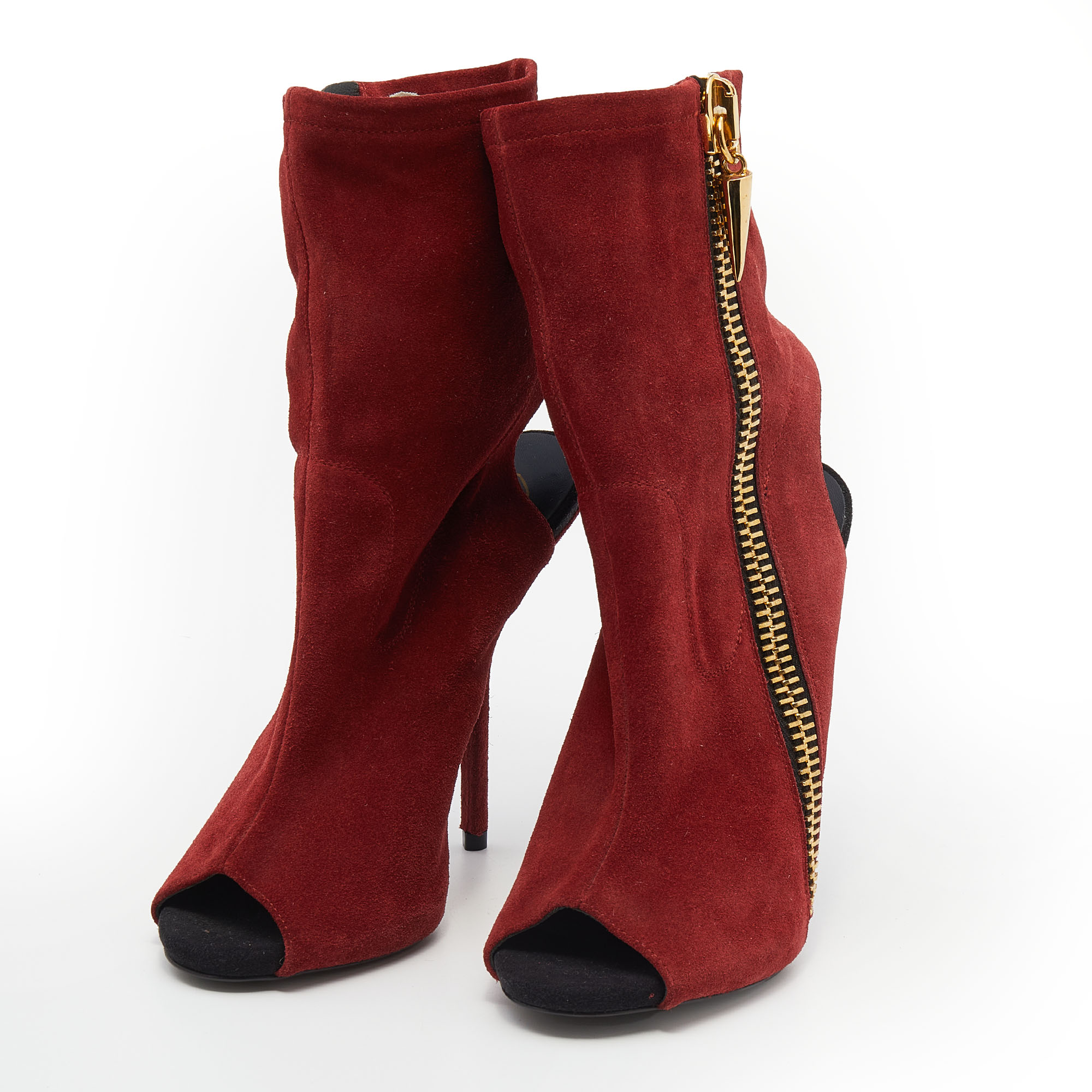 

Giuseppe Zanotti Dark Red Suede Alien Peep Toe Cut Out Ankle Boots Size