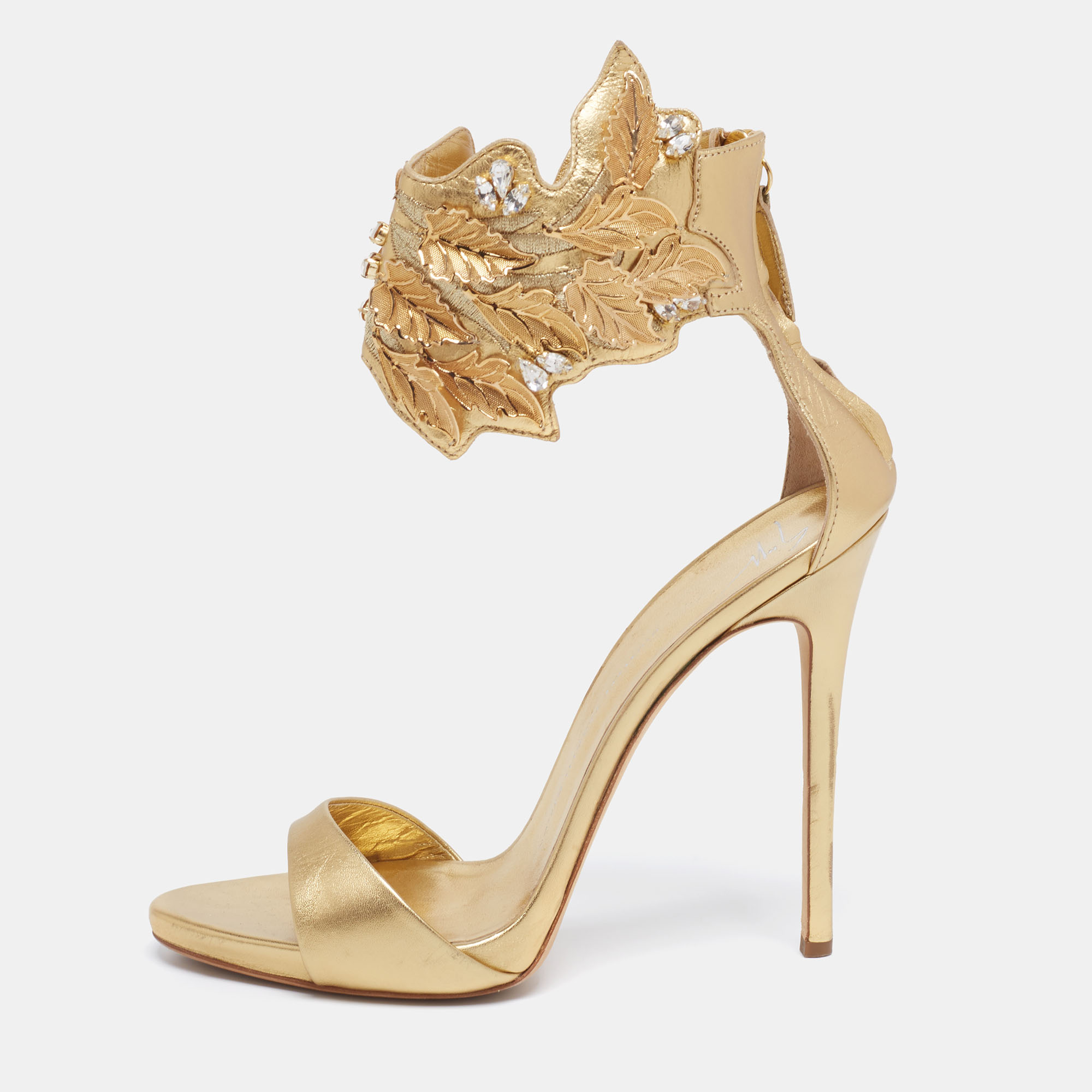 Umulig Høflig Sprede Pre-owned Giuseppe Zanotti Gold Leather Crystal Embellished Leaf Ankle Cuff  Sandals Size 40 | ModeSens