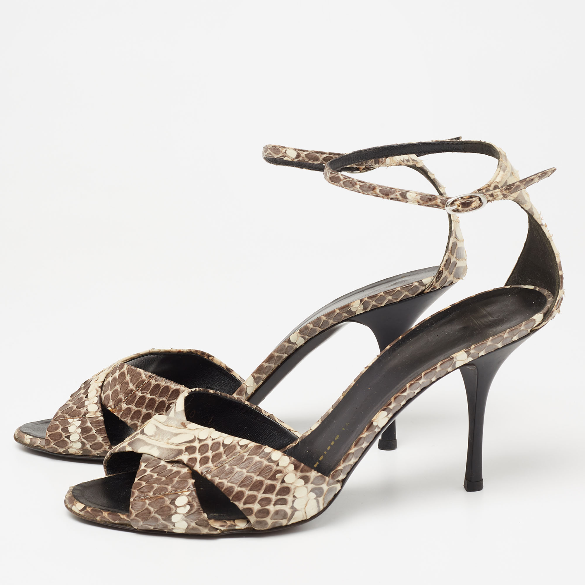 

Giuseppe Zanotti Brown/Cream Water Snake Ankle Strap Sandals Size