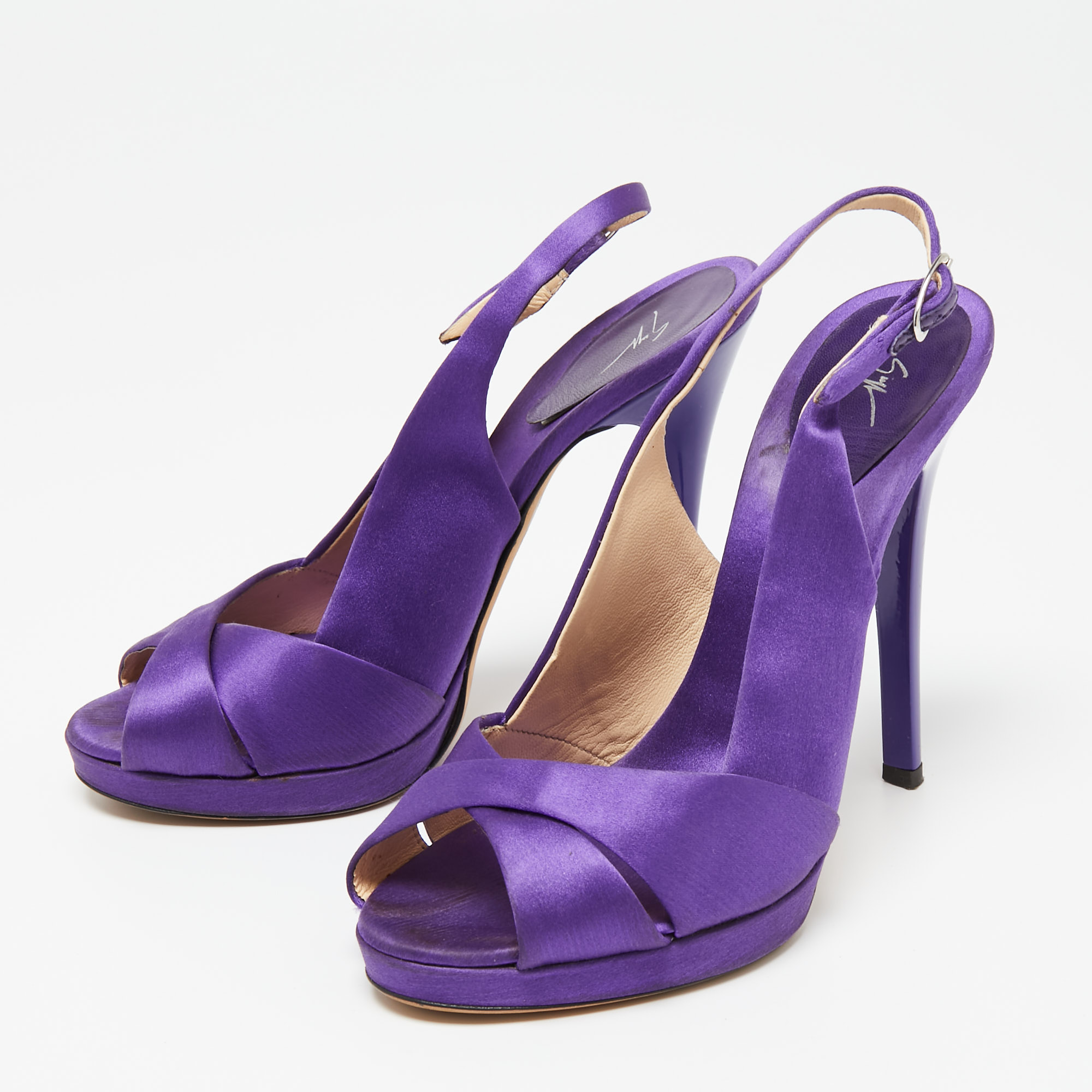 

Giuseppe Zanotti Purple Satin Criss Cross Slingback Sandals Size