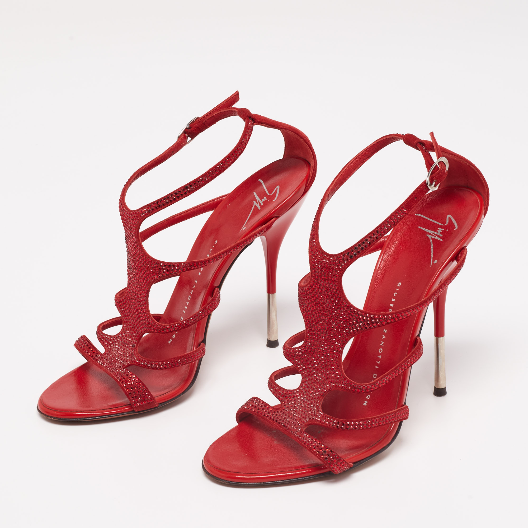 

Giuseppe Zanotti Red Crystal Embellished Suede Ankle-Strap Sandals Size