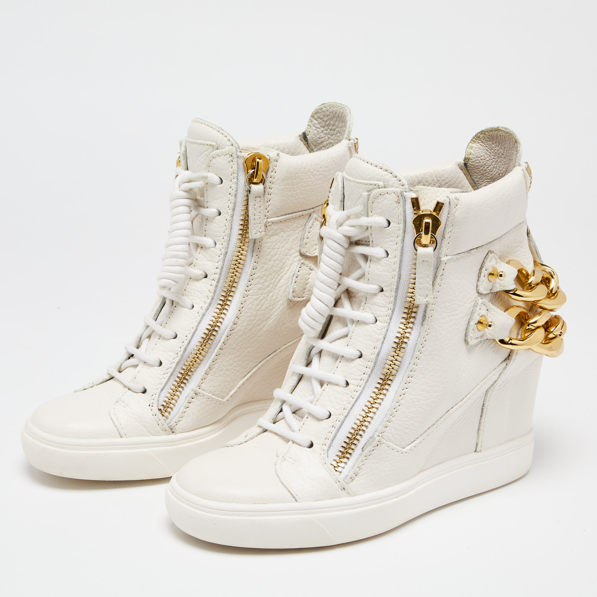 

Giuseppe Zanotti Cream Leather Chain Detail High Top Wedge Sneakers Size