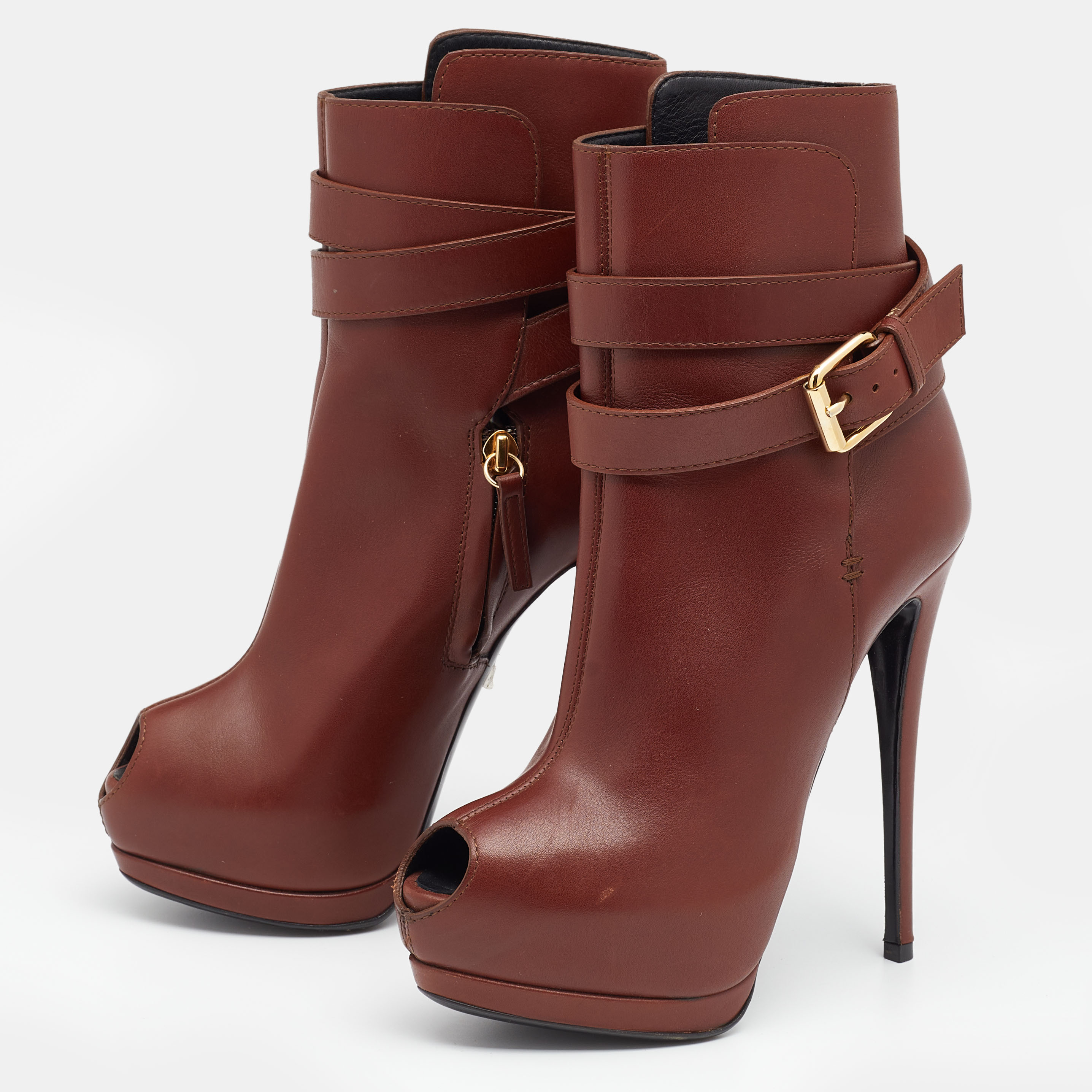 

Giuseppe Zanotti Brown Leather Peep Toe Platform Ankle Length Boots Size