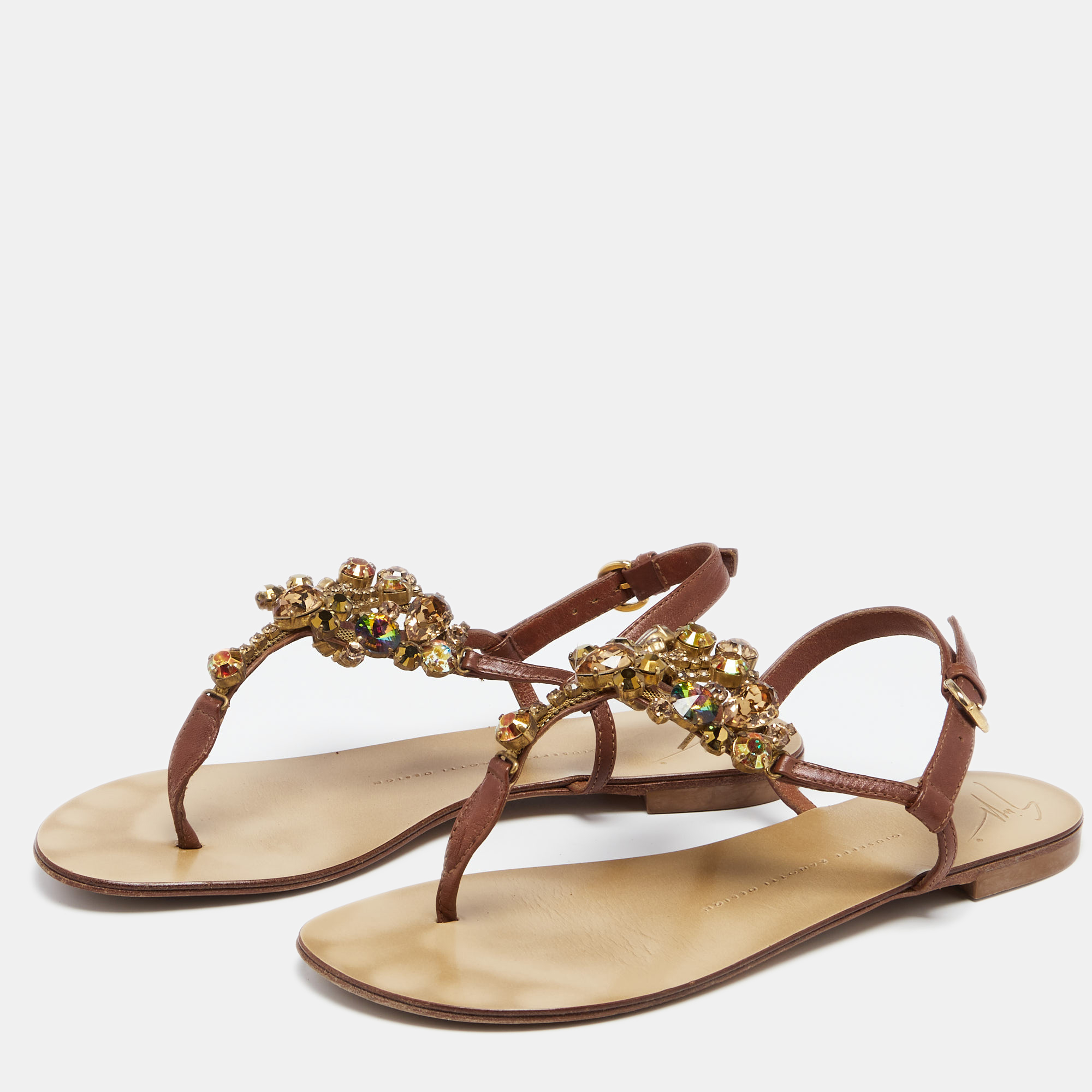 

Giuseppe Zanotti Brown Leather Crystal Embellished Thong Flat Sandals Size