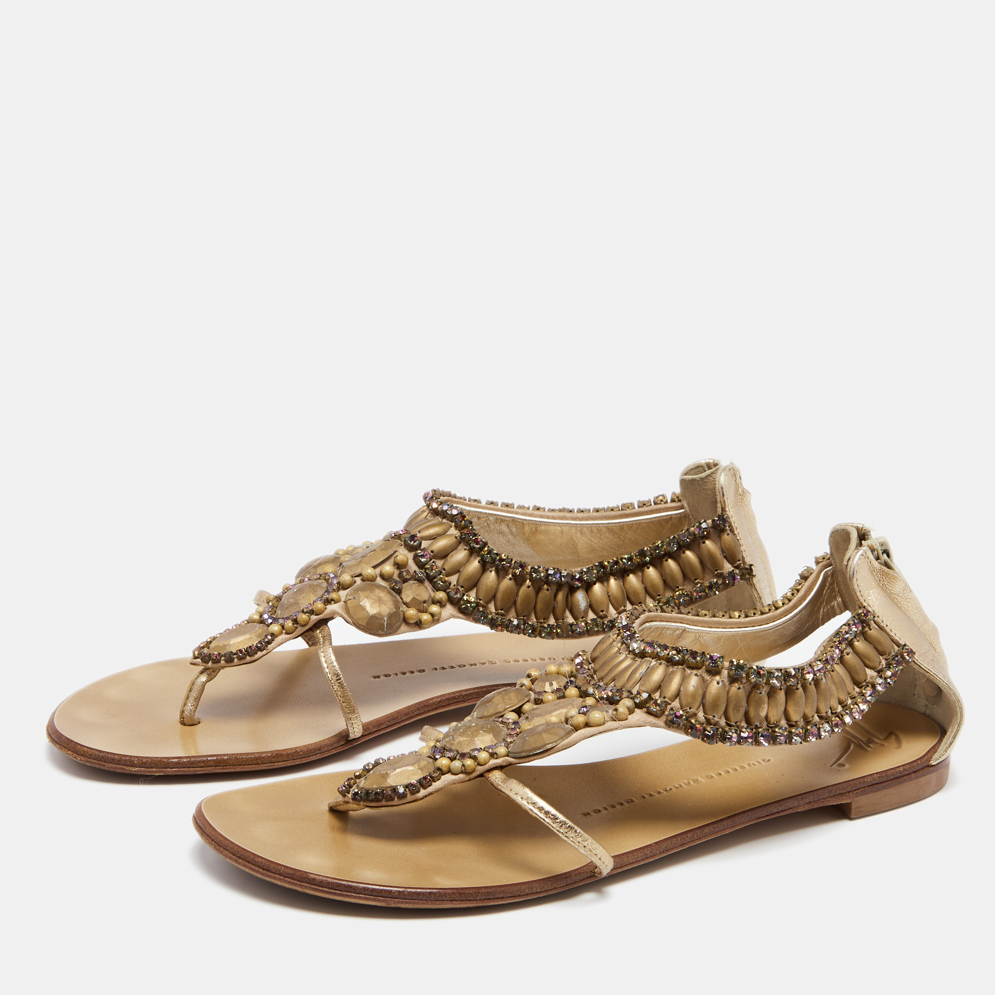 

Giuseppe Zanotti Gold Leather Crystal Embellished Flat Thong Sandals Size